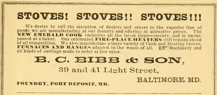 1880 printed advertisement for cast iron stoves made in Baltimore.